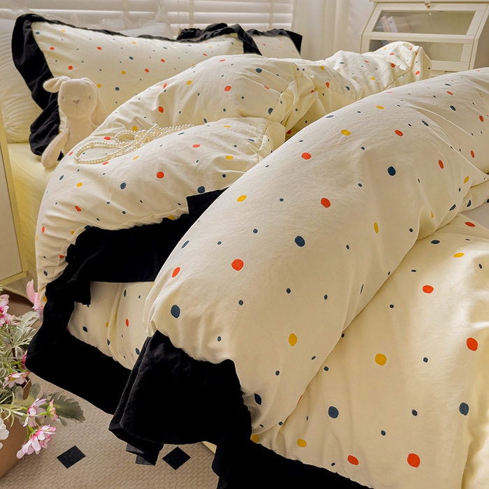 91家纺网 家纺一手货源 找家纺 繁花家居 2025新款木耳边水洗棉双层纱针织棉韩式花边四件套 黄梦星辰