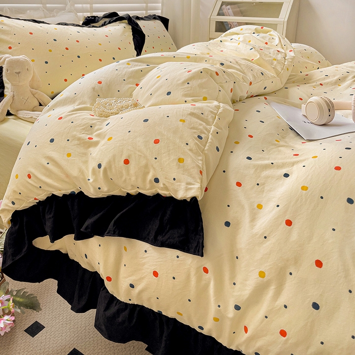 91家纺网 家纺一手货源 找家纺 繁花家居 2025新款木耳边水洗棉双层纱针织棉韩式花边四件套 黄梦星辰