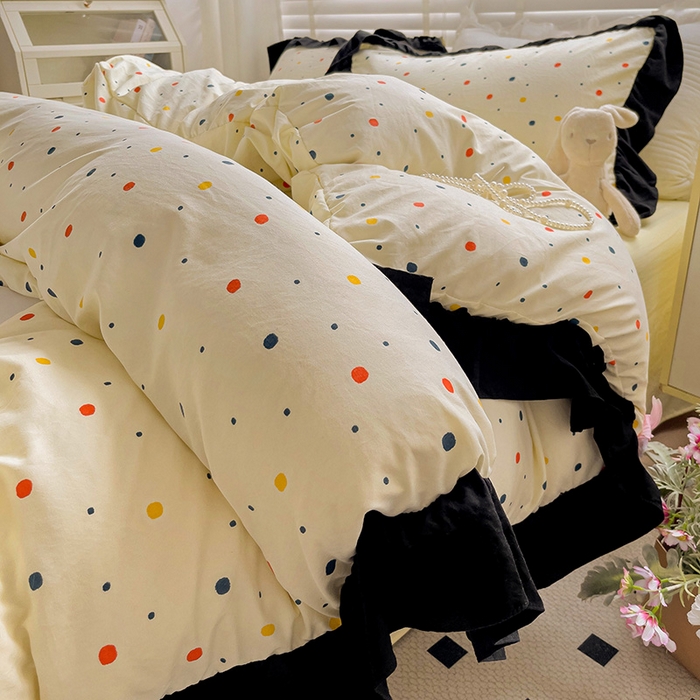 91家纺网 家纺一手货源 找家纺 繁花家居 2025新款木耳边水洗棉双层纱针织棉韩式花边四件套 黄梦星辰