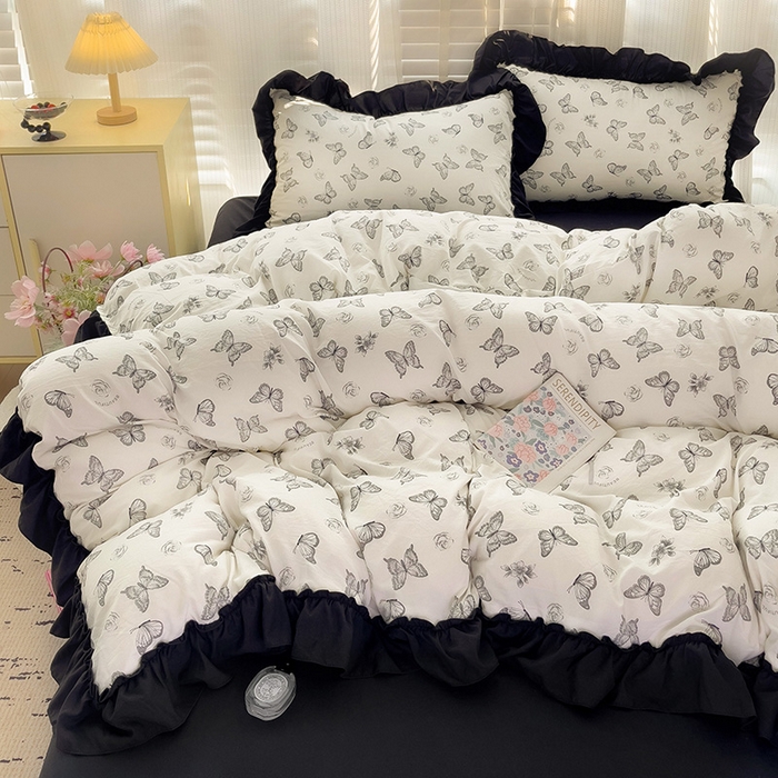 繁花家居 2025新款木耳边水洗棉双层纱针织棉韩式花边四件套 蝶梦舞