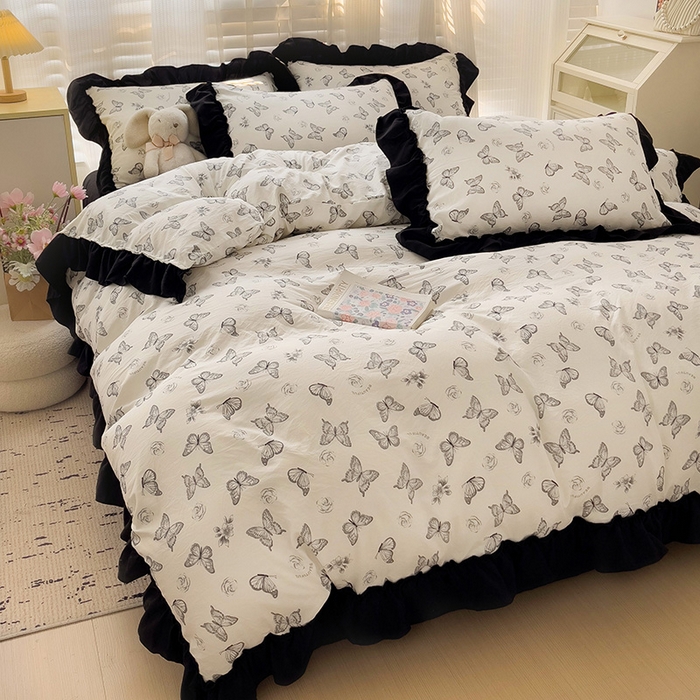 91家纺网 家纺一手货源 找家纺 繁花家居 2025新款木耳边水洗棉双层纱针织棉韩式花边四件套 蝶梦舞