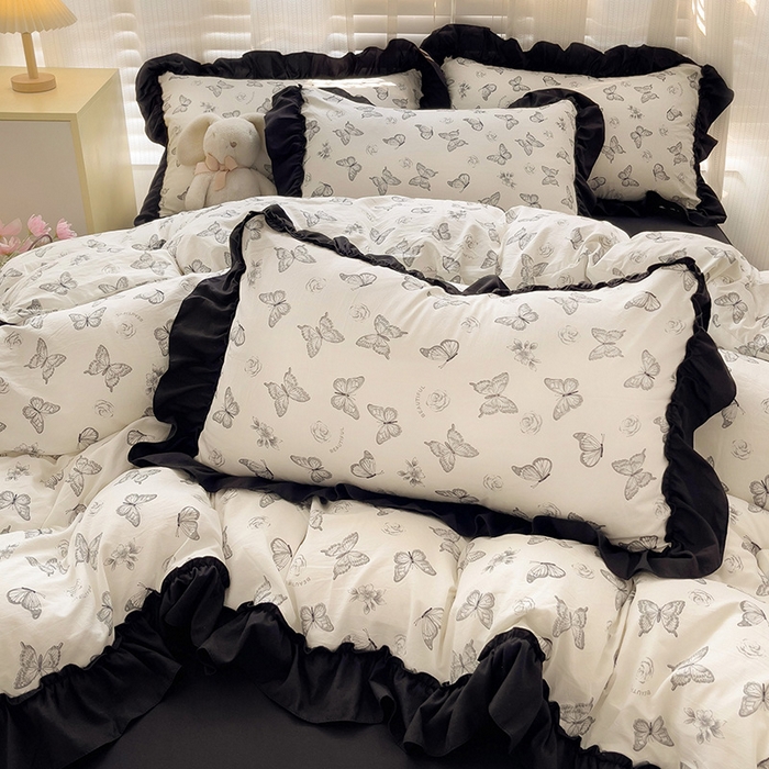 91家纺网 家纺一手货源 找家纺 繁花家居 2025新款木耳边水洗棉双层纱针织棉韩式花边四件套 蝶梦舞