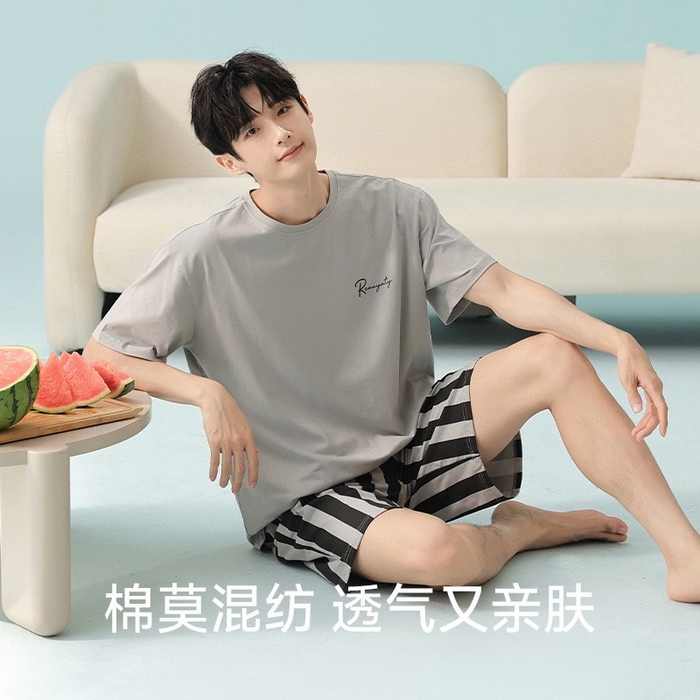 91家纺网 家纺一手货源 找家纺 妍景家居生活馆 2025新款莫代尔棉男士套装 浅灰