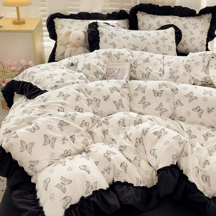 91家纺网 家纺一手货源 找家纺 繁花家居 2025新款木耳边水洗棉双层纱针织棉韩式花边四件套 蝶梦舞