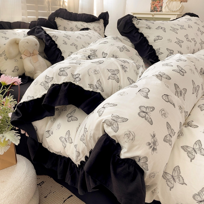 91家纺网 家纺一手货源 找家纺 繁花家居 2025新款木耳边水洗棉双层纱针织棉韩式花边四件套 蝶梦舞