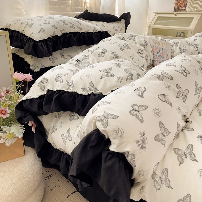 91家纺网 家纺一手货源 找家纺 繁花家居 2025新款木耳边水洗棉双层纱针织棉韩式花边四件套 蝶梦舞