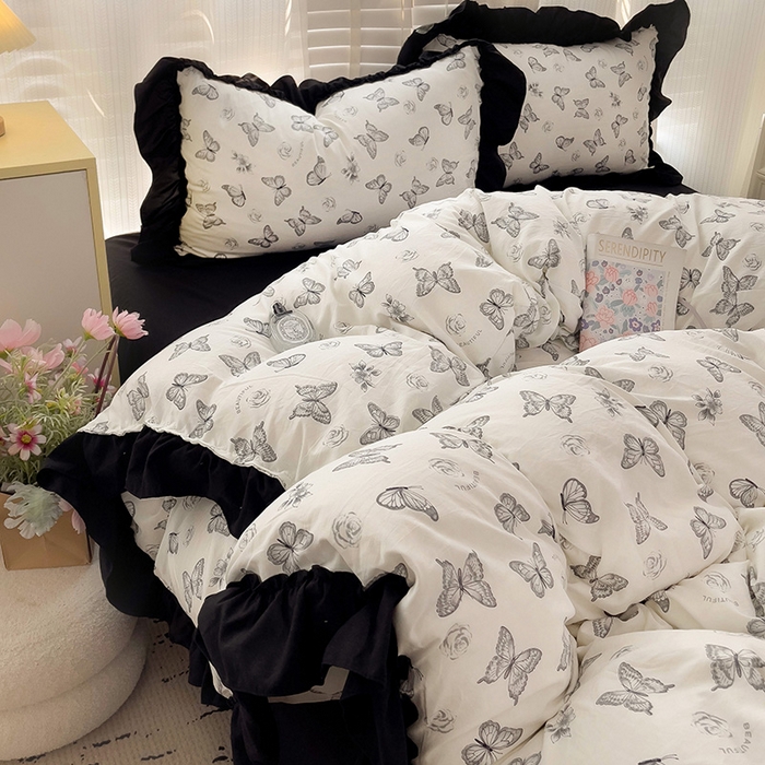 91家纺网 家纺一手货源 找家纺 繁花家居 2025新款木耳边水洗棉双层纱针织棉韩式花边四件套 蝶梦舞