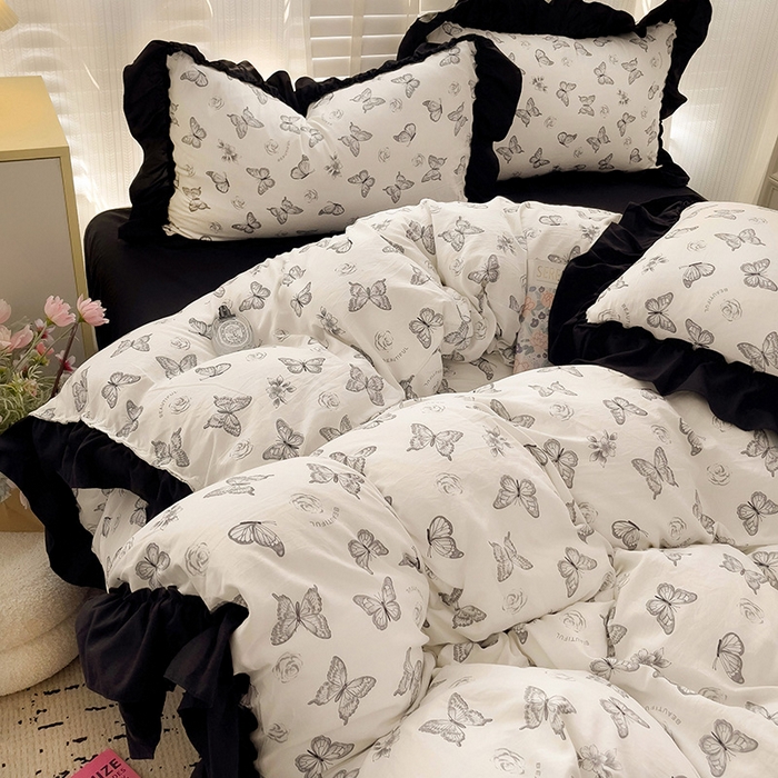 91家纺网 家纺一手货源 找家纺 繁花家居 2025新款木耳边水洗棉双层纱针织棉韩式花边四件套 蝶梦舞