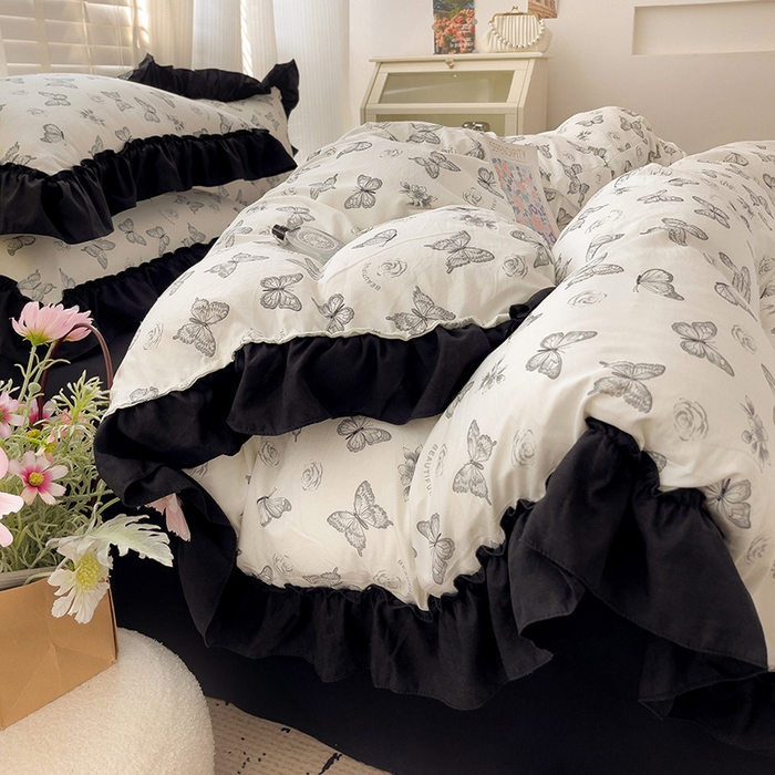 91家纺网 家纺一手货源 找家纺 繁花家居 2025新款木耳边水洗棉双层纱针织棉韩式花边四件套 蝶梦舞