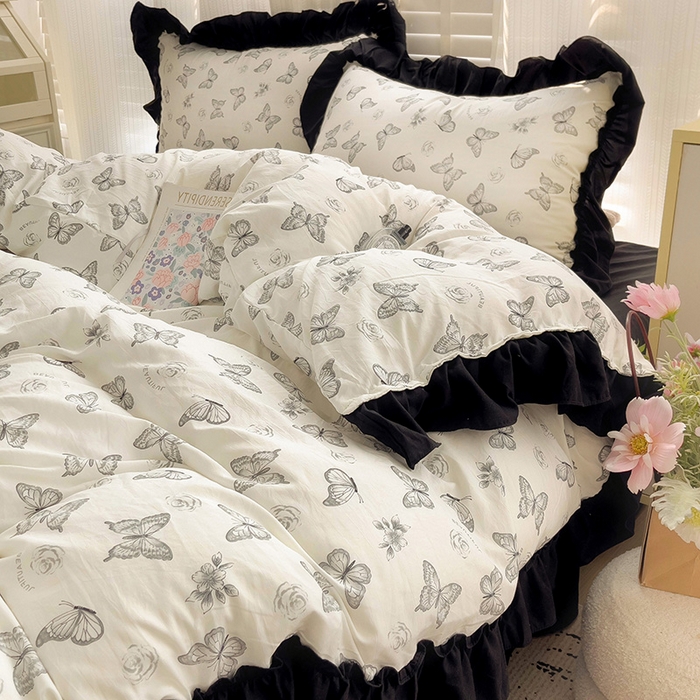 91家纺网 家纺一手货源 找家纺 繁花家居 2025新款木耳边水洗棉双层纱针织棉韩式花边四件套 蝶梦舞