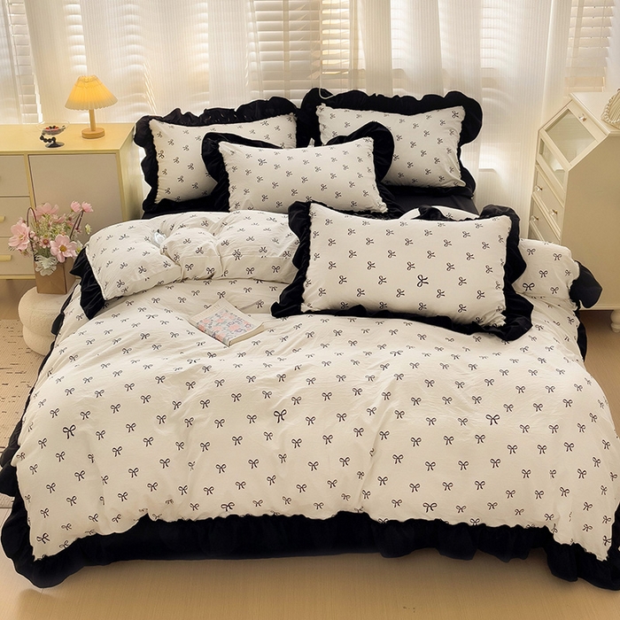 91家纺网 家纺一手货源 找家纺 繁花家居 2025新款木耳边水洗棉双层纱针织棉韩式花边四件套 少女心