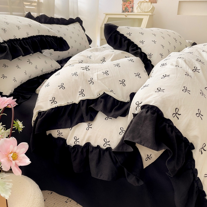 91家纺网 家纺一手货源 找家纺 繁花家居 2025新款木耳边水洗棉双层纱针织棉韩式花边四件套 少女心