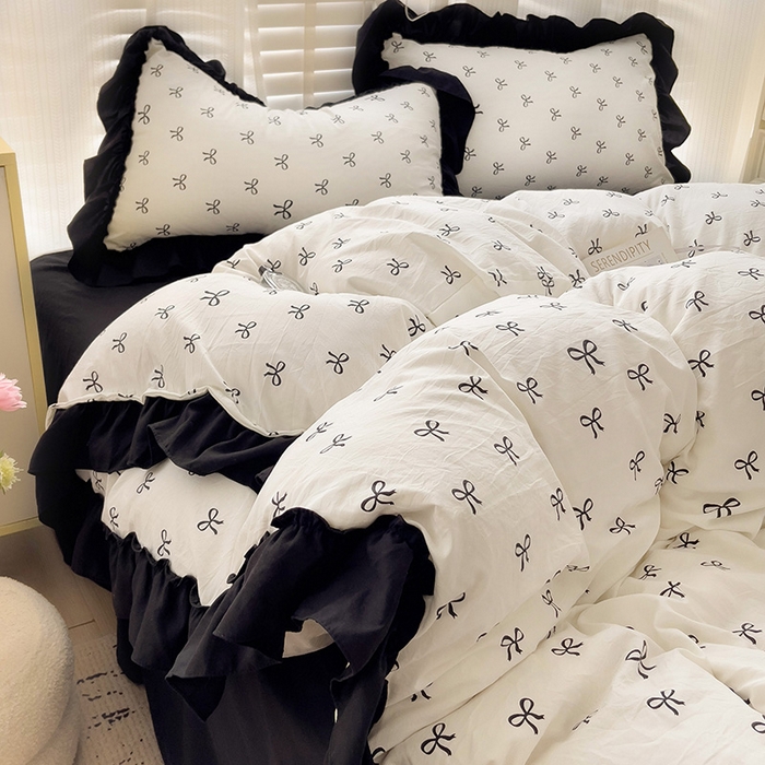 91家纺网 家纺一手货源 找家纺 繁花家居 2025新款木耳边水洗棉双层纱针织棉韩式花边四件套 少女心