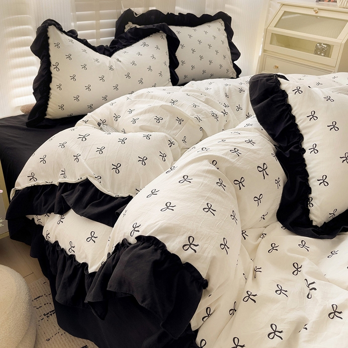 91家纺网 家纺一手货源 找家纺 繁花家居 2025新款木耳边水洗棉双层纱针织棉韩式花边四件套 少女心