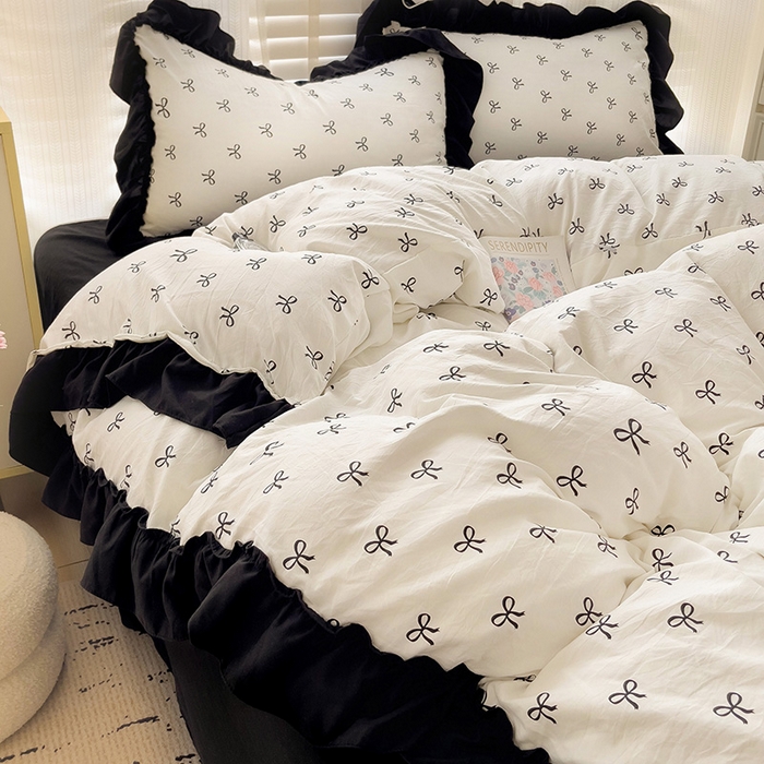 91家纺网 家纺一手货源 找家纺 繁花家居 2025新款木耳边水洗棉双层纱针织棉韩式花边四件套 少女心