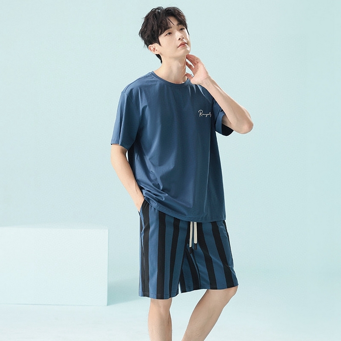 91家纺网 家纺一手货源 找家纺 妍景家居生活馆 2025新款莫代尔棉男士套装 深蓝