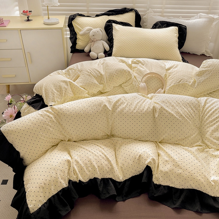 91家纺网 家纺一手货源 找家纺 繁花家居 2025新款木耳边水洗棉双层纱针织棉韩式花边四件套 星点绮梦