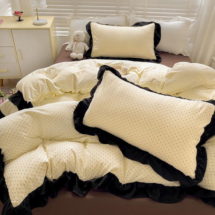 91家纺网 家纺一手货源 找家纺 繁花家居 2025新款木耳边水洗棉双层纱针织棉韩式花边四件套 星点绮梦