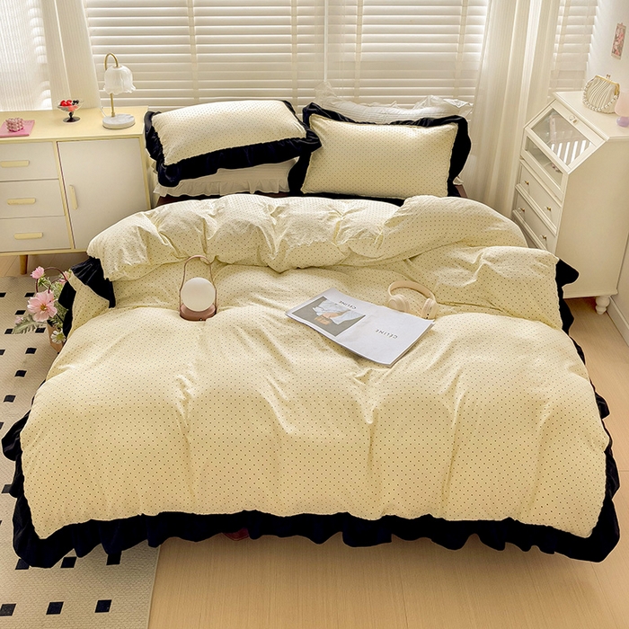 91家纺网 家纺一手货源 找家纺 繁花家居 2025新款木耳边水洗棉双层纱针织棉韩式花边四件套 星点绮梦