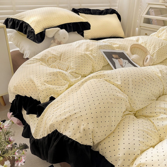 91家纺网 家纺一手货源 找家纺 繁花家居 2025新款木耳边水洗棉双层纱针织棉韩式花边四件套 星点绮梦