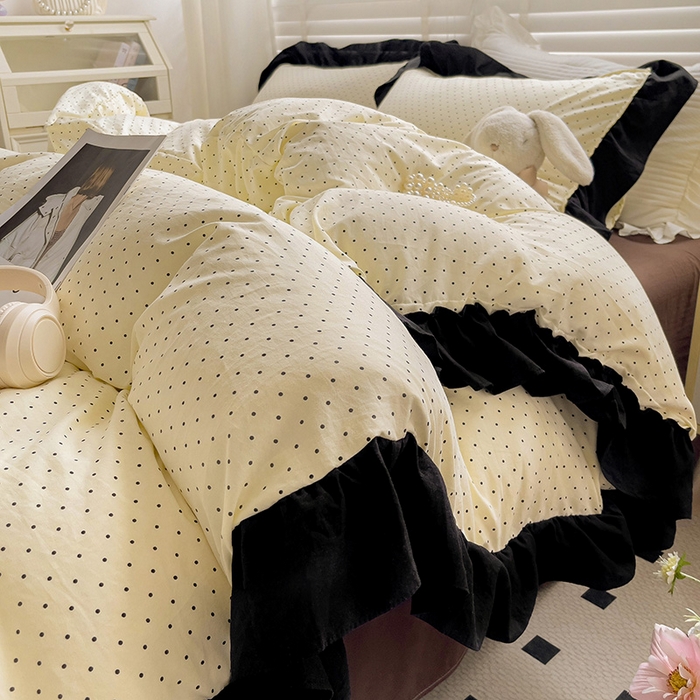 91家纺网 家纺一手货源 找家纺 繁花家居 2025新款木耳边水洗棉双层纱针织棉韩式花边四件套 星点绮梦