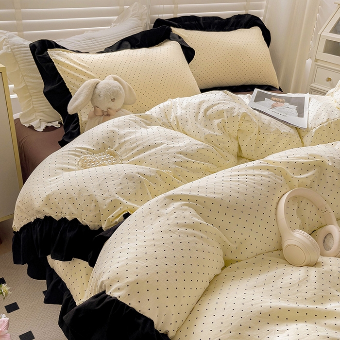 91家纺网 家纺一手货源 找家纺 繁花家居 2025新款木耳边水洗棉双层纱针织棉韩式花边四件套 星点绮梦