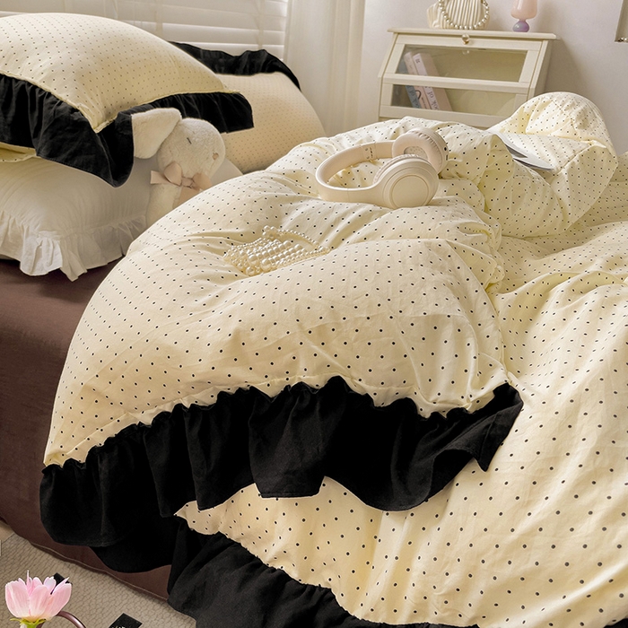 91家纺网 家纺一手货源 找家纺 繁花家居 2025新款木耳边水洗棉双层纱针织棉韩式花边四件套 星点绮梦