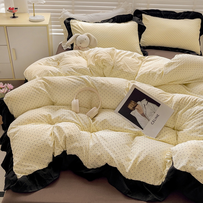 91家纺网 家纺一手货源 找家纺 繁花家居 2025新款木耳边水洗棉双层纱针织棉韩式花边四件套 星点绮梦