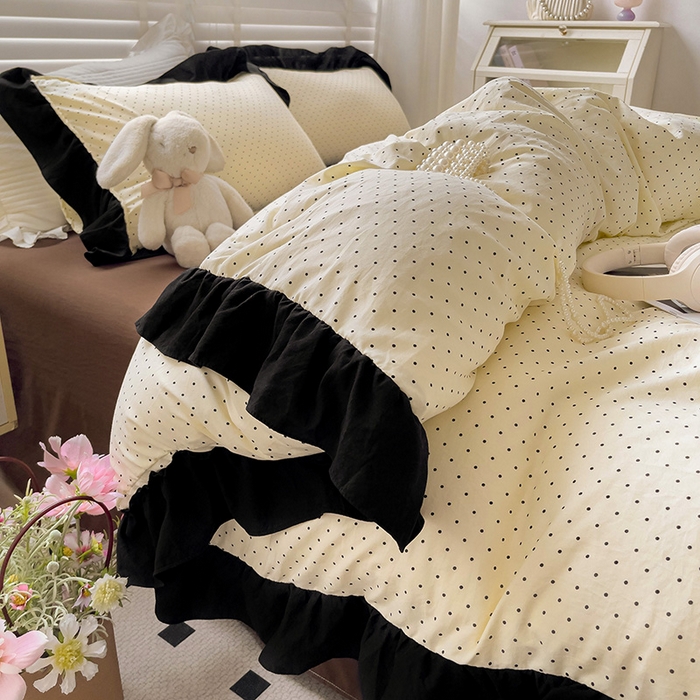 91家纺网 家纺一手货源 找家纺 繁花家居 2025新款木耳边水洗棉双层纱针织棉韩式花边四件套 星点绮梦