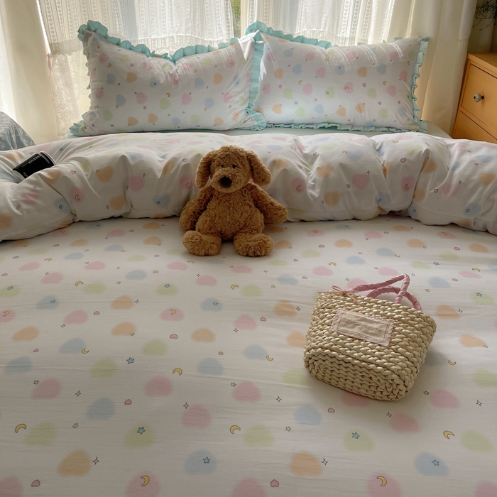 91家纺网 家纺一手货源 找家纺 繁花家居 2025新款木耳边水洗棉双层纱针织棉韩式花边四件套 蓝色星辰