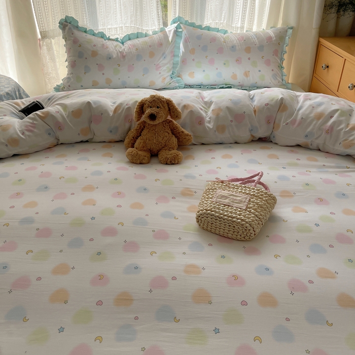 91家纺网 家纺一手货源 找家纺 繁花家居 2025新款木耳边水洗棉双层纱针织棉韩式花边四件套 蓝色星辰