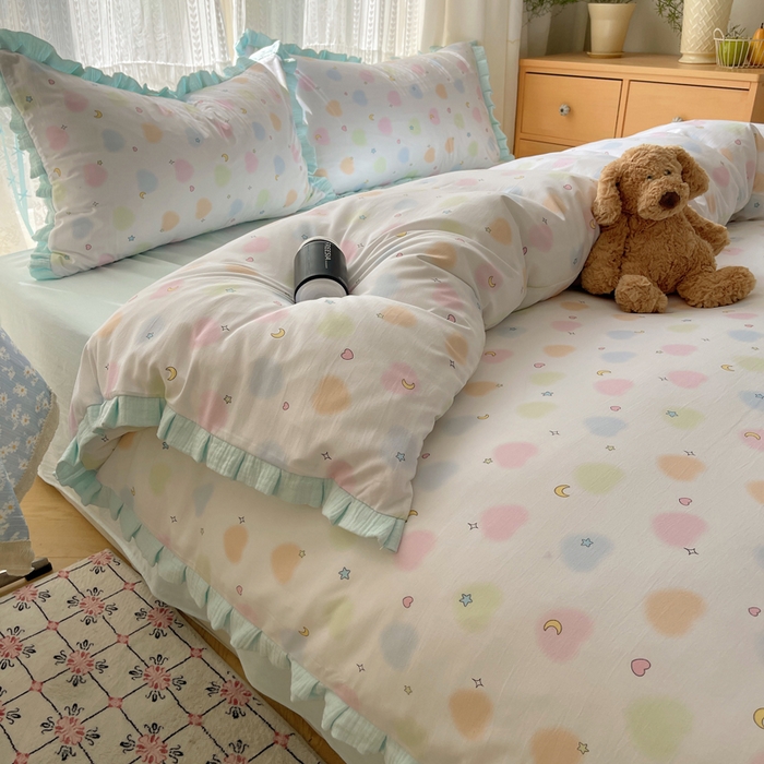 91家纺网 家纺一手货源 找家纺 繁花家居 2025新款木耳边水洗棉双层纱针织棉韩式花边四件套 蓝色星辰