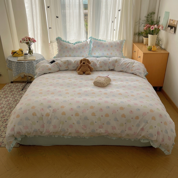 91家纺网 家纺一手货源 找家纺 繁花家居 2025新款木耳边水洗棉双层纱针织棉韩式花边四件套 蓝色星辰