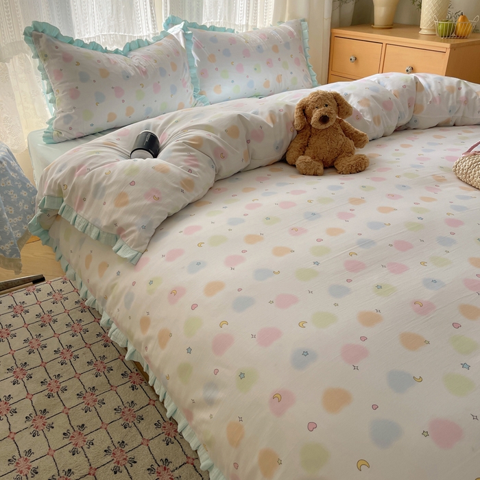 91家纺网 家纺一手货源 找家纺 繁花家居 2025新款木耳边水洗棉双层纱针织棉韩式花边四件套 蓝色星辰