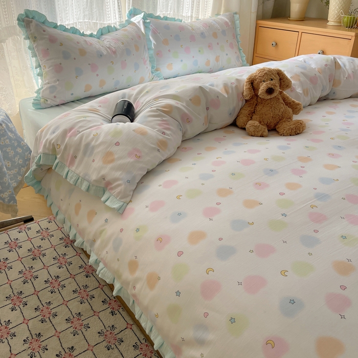 91家纺网 家纺一手货源 找家纺 繁花家居 2025新款木耳边水洗棉双层纱针织棉韩式花边四件套 蓝色星辰