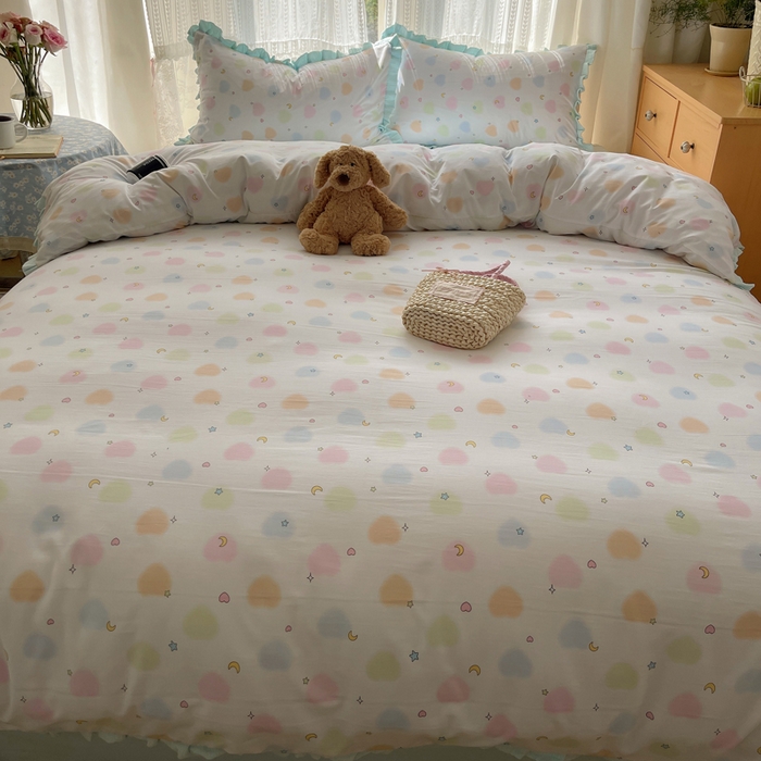 91家纺网 家纺一手货源 找家纺 繁花家居 2025新款木耳边水洗棉双层纱针织棉韩式花边四件套 蓝色星辰