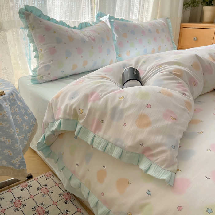 91家纺网 家纺一手货源 找家纺 繁花家居 2025新款木耳边水洗棉双层纱针织棉韩式花边四件套 蓝色星辰