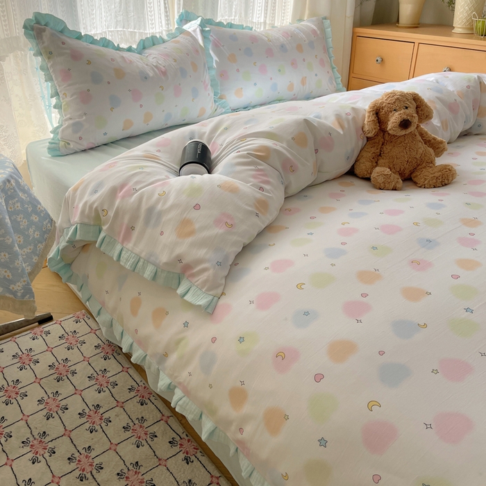 91家纺网 家纺一手货源 找家纺 繁花家居 2025新款木耳边水洗棉双层纱针织棉韩式花边四件套 蓝色星辰