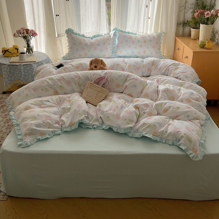 91家纺网 家纺一手货源 找家纺 繁花家居 2025新款木耳边水洗棉双层纱针织棉韩式花边四件套 蓝色星辰