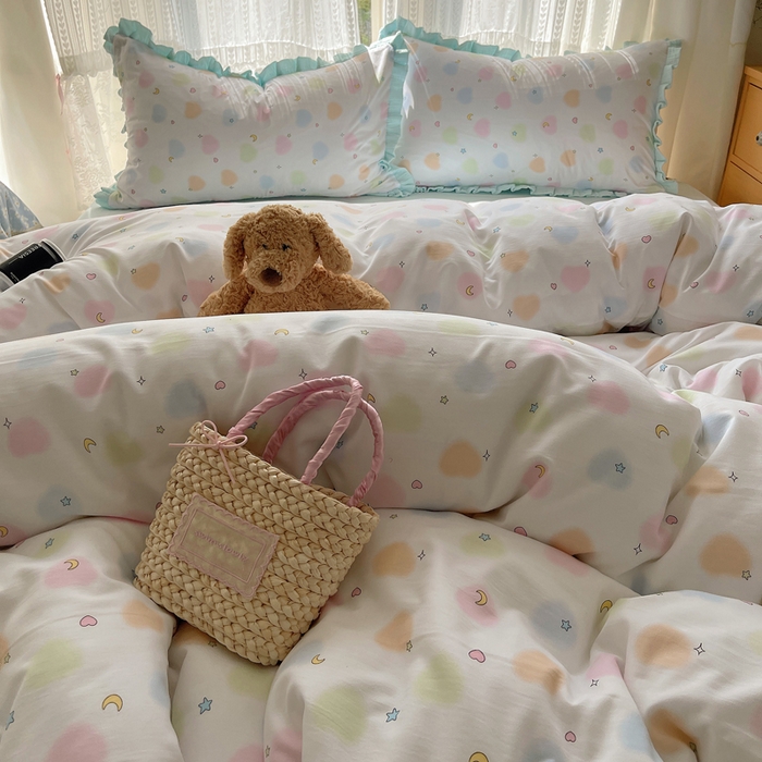 91家纺网 家纺一手货源 找家纺 繁花家居 2025新款木耳边水洗棉双层纱针织棉韩式花边四件套 蓝色星辰