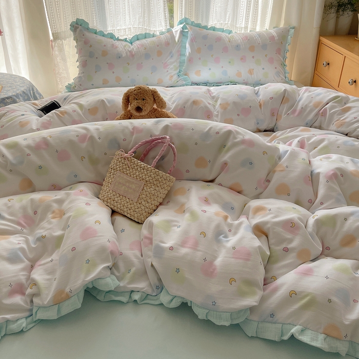 91家纺网 家纺一手货源 找家纺 繁花家居 2025新款木耳边水洗棉双层纱针织棉韩式花边四件套 蓝色星辰