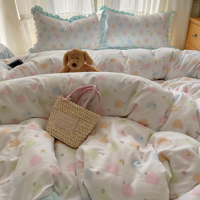 91家纺网 家纺一手货源 找家纺 繁花家居 2025新款木耳边水洗棉双层纱针织棉韩式花边四件套 蓝色星辰