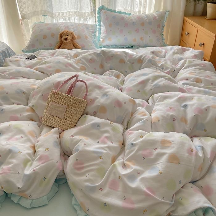 91家纺网 家纺一手货源 找家纺 繁花家居 2025新款木耳边水洗棉双层纱针织棉韩式花边四件套 蓝色星辰