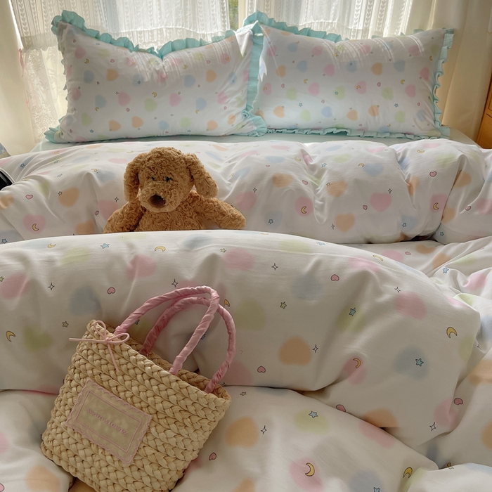 91家纺网 家纺一手货源 找家纺 繁花家居 2025新款木耳边水洗棉双层纱针织棉韩式花边四件套 蓝色星辰