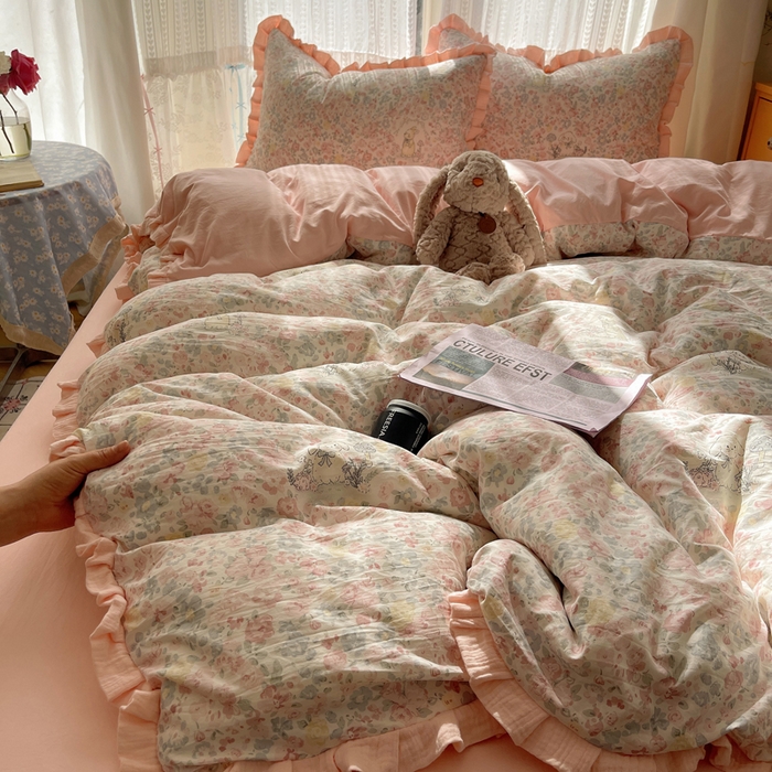 繁花家居 2025新款木耳边水洗棉双层纱针织棉韩式花边四件套 碎花兔兔