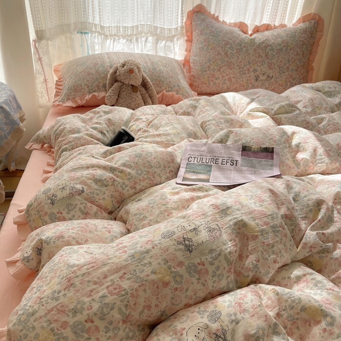 91家纺网 家纺一手货源 找家纺 繁花家居 2025新款木耳边水洗棉双层纱针织棉韩式花边四件套 碎花兔兔