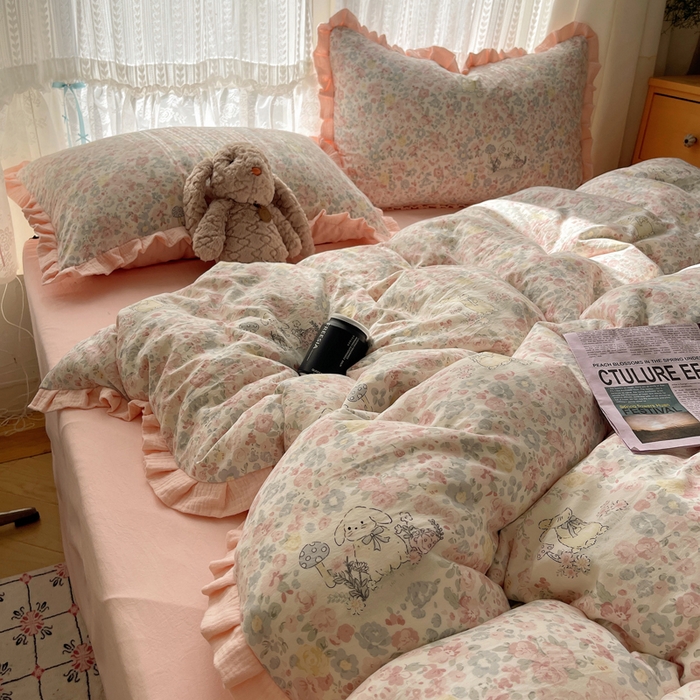 91家纺网 家纺一手货源 找家纺 繁花家居 2025新款木耳边水洗棉双层纱针织棉韩式花边四件套 碎花兔兔