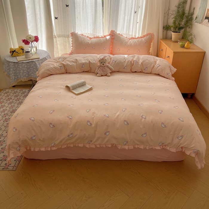 91家纺网 家纺一手货源 找家纺 繁花家居 2025新款木耳边水洗棉双层纱针织棉韩式花边四件套 幸运小兔