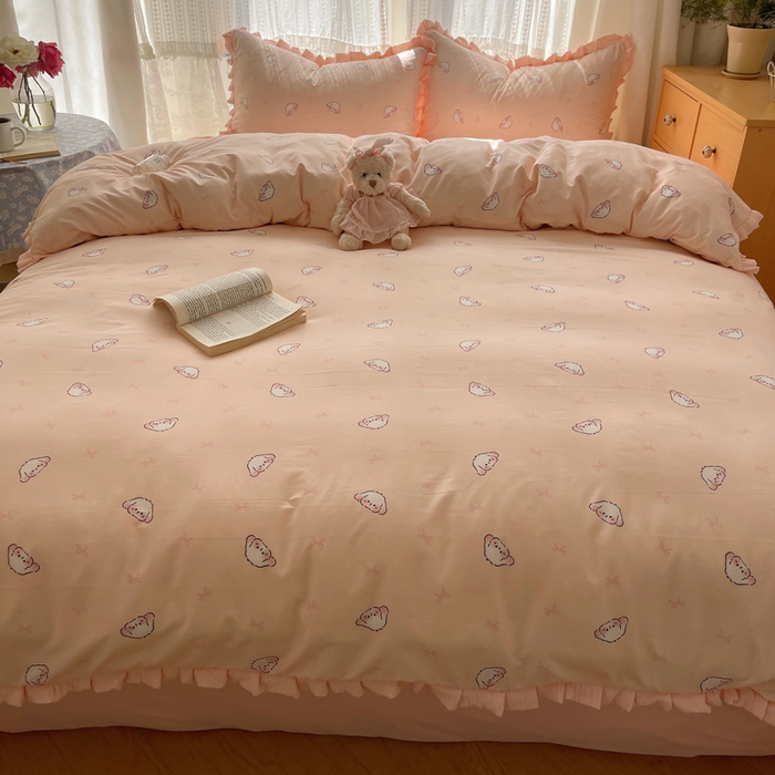 91家纺网 家纺一手货源 找家纺 繁花家居 2025新款木耳边水洗棉双层纱针织棉韩式花边四件套 幸运小兔