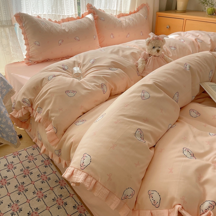 91家纺网 家纺一手货源 找家纺 繁花家居 2025新款木耳边水洗棉双层纱针织棉韩式花边四件套 幸运小兔